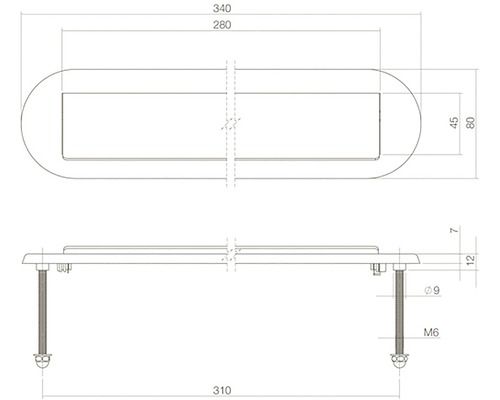 Technische Zeichnung eines Briefkasteneinwurfes mit Maßangaben