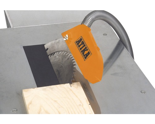 Atika Tischkreissäge mit Sägeblattschutz und Holzstück
