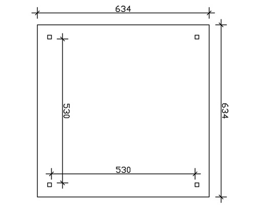 Technische Zeichnung einer quadratischen Platte mit den Maßen 634 x 634 mm und einem Innenquadrat mit den Maßen 530 x 530 mm