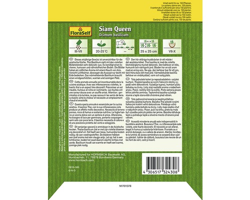 FloraSelf Siam Queen Basilikum Saatgutpackung mit Informationen zu Anbau und Pflege