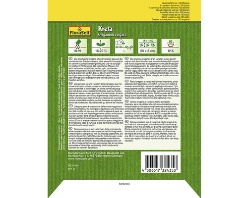 FloraSelf Kreta Oregano Saatgutpackung mit Informationen zu Anbau, Pflege und Ernte