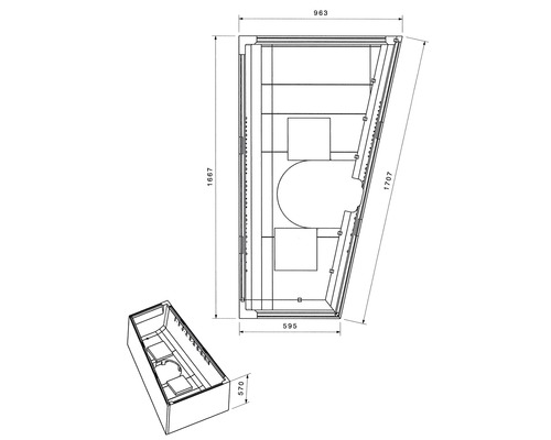 Technische Zeichnung einer Badewanne mit Maßangaben