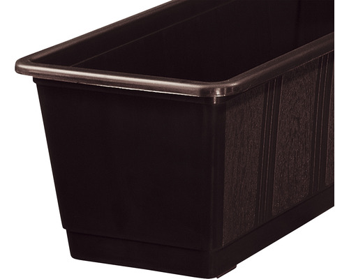 Dunkler Pflanzkasten aus Kunststoff für den Garten oder Balkon.