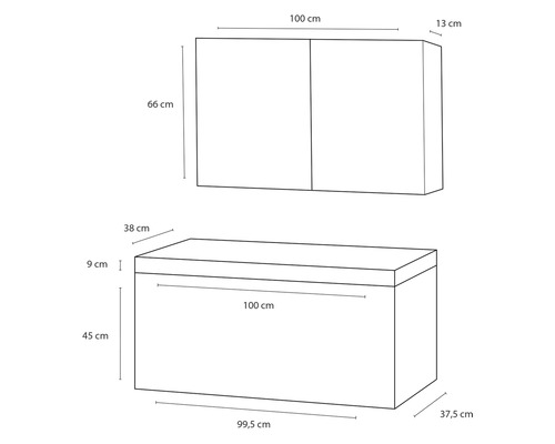 Maßzeichnung eines Badezimmer Möbelsets mit Unterschrank und Waschbeckenunterschrank