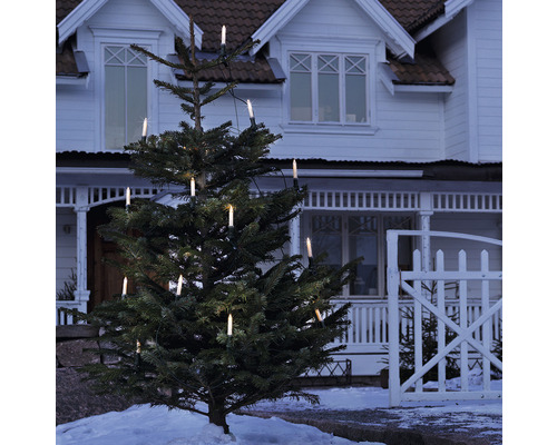 Weihnachtsbaum mit elektrischer Kerzenbeleuchtung vor einem Haus