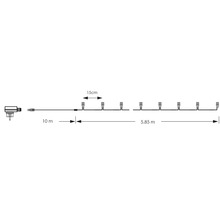 Schema einer Lichterkette mit den Massangaben zehn Meter und 5,85 Meter sowie 15 Zentimeter Abstand zwischen den Lampen