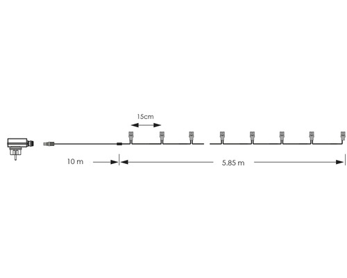 Schema einer Lichterkette mit den Massangaben zehn Meter und 5,85 Meter sowie 15 Zentimeter Abstand zwischen den Lampen