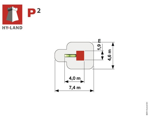 Abmessungen des Spielplatzes inklusive Sicherheitsbereich.