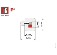 Hy-Land Logo. Spielplatz P3 Draufsicht mit Maßangaben