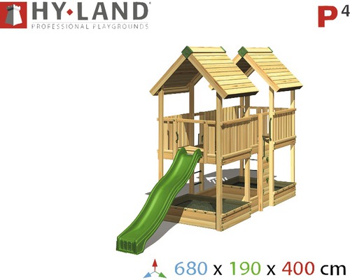 Spielturm mit Rutsche, Sandkasten und Kletterwand