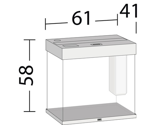 Abbildung eines Aquariums mit den Maßen 61 cm Breite, 58 cm Höhe und 41 cm Tiefe.
