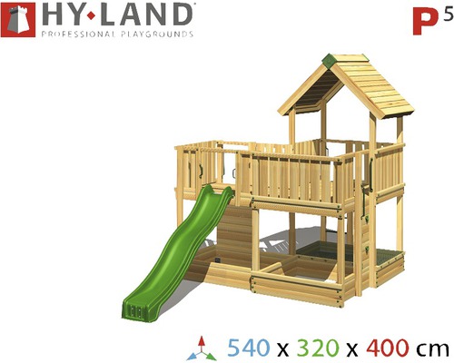 Hy-Land Spielplatz aus Holz mit Rutsche und Spielhaus
