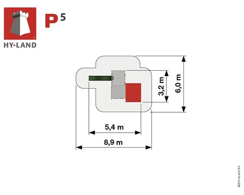 Hy-Land Spielplatz P5 Abmessungen: 8,9 Meter Länge und 6,0 Meter Breite