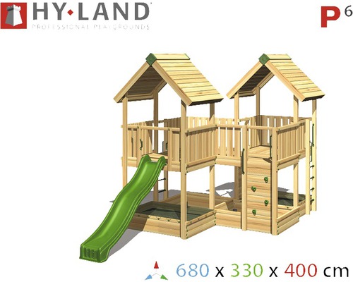 Hy-Land Spielplatz mit zwei Spieltürmen, Rutsche, Sandkasten, Kletterwand und Leiter