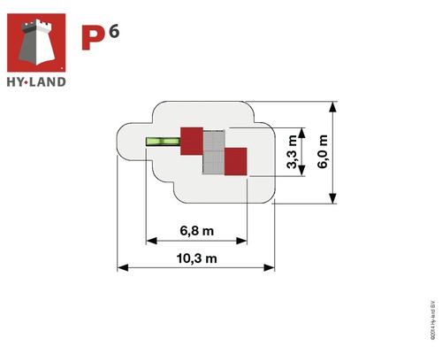 Grundrisszeichnung Spielplatz mit Maßangaben und Hy-Land Logo