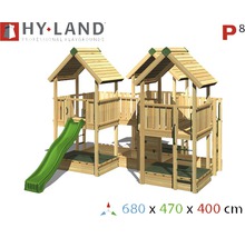 Hy-Land Spielplatz P8 mit zwei Spieltürmen, Rutsche, Kletterwand und Sandkasten