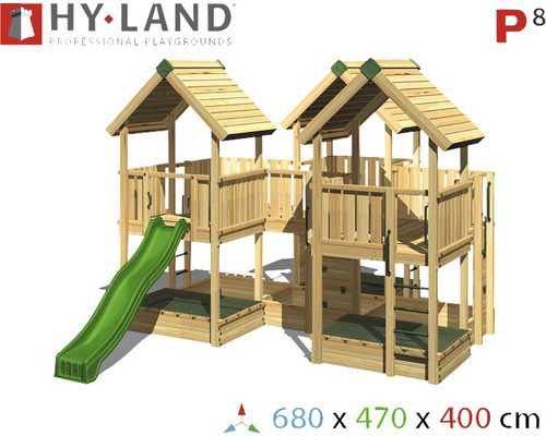 Hy-Land Spielplatz P8 mit zwei Spieltürmen, Rutsche, Kletterwand und Sandkasten