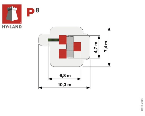 Grundriss des Hy-Land Spielplatzes P8 mit Maßangaben