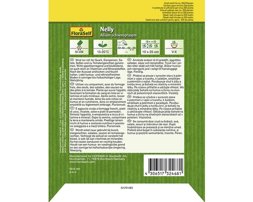 FloraSelf Nelly Schnittlauch Allium schoenoprasum Saatgutpackung mit Informationen zu Aussaat, Standort und Verwendung
