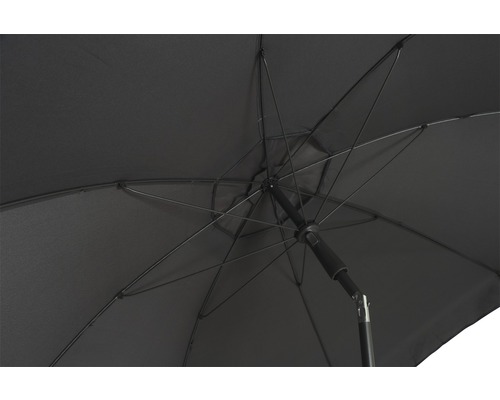 Unteransicht eines geöffneten Sonnenschirms mit Streben und Mast