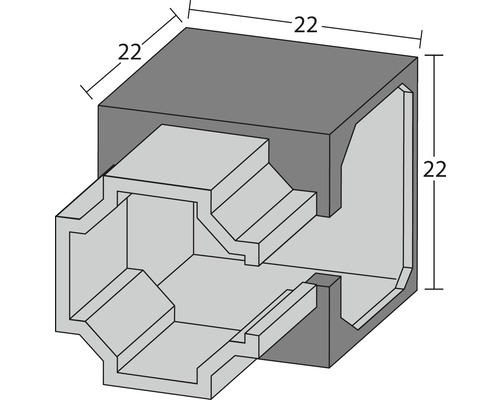 Grafik eines Kubus mit Aussparungen und den Maßen 22 x 22 x 22