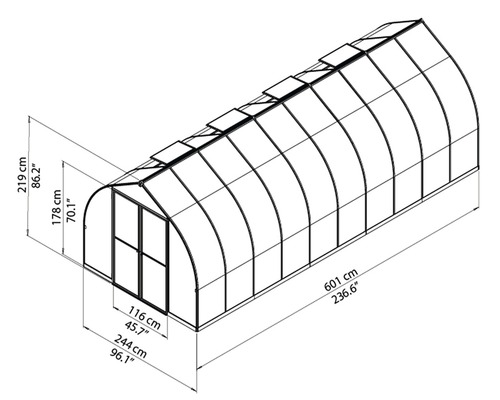 Abbildung eines Gewächshauses mit den Maßangaben 219 cm Höhe, 116 cm Breite und 601 cm Länge