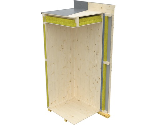Schnittansicht eines Gartenhauses aus Holz mit Dachpappe und Isolierung