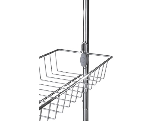 Detailaufnahme eines Küchenregals aus Metall mit einem Drahtkorb