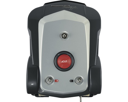 Oberansicht eines Rasenmähroboters mit Stopptaste