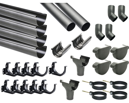 Dachrinnen-Set mit Rohren, Winkeln, Haltern und Zubehör