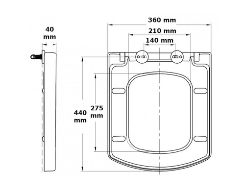Technische Zeichnung eines Toilettensitzes mit Maßangaben