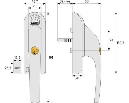 Technische Zeichnung eines Fenstergriffs mit Maßen und Abus Logo