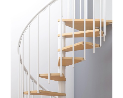 Wendeltreppe mit Holzstufen und weißem Geländer