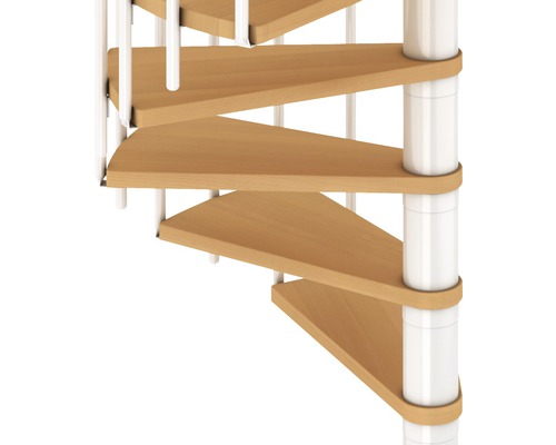 Detailaufnahme einer Wendeltreppe mit Holzstufen und Metallgeländer