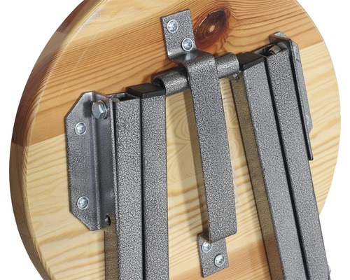 Detailansicht einer Tischplatte aus Holz mit montiertem Metallgestell