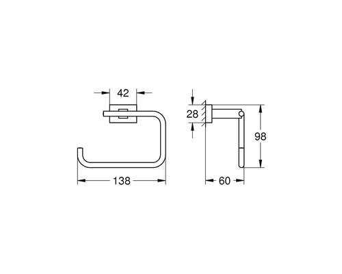 Technische Zeichnung eines Toilettenpapierhalters mit Maßangaben