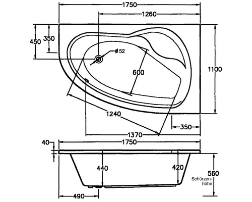 Technische Zeichnung einer Badewanne mit Maßangaben.
