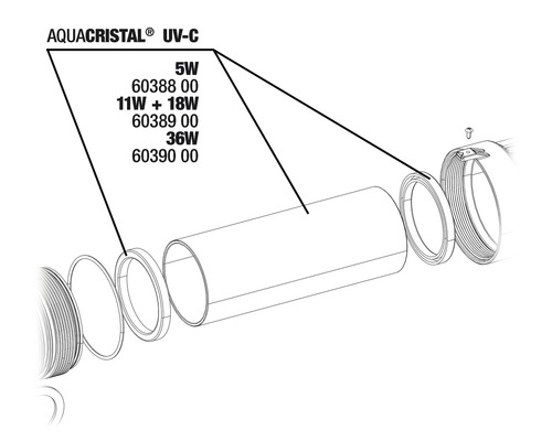AQUACRISTAL UV-C Produktinformationen mit Wattzahlen und Artikelnummern