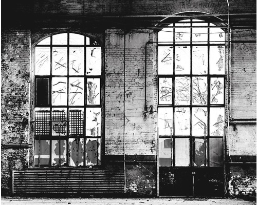 Fototapete Vlies 940930 Factory IV Fensterfront 8-tlg. grau 300 x 372 cm Zwei Fenster in einem alten Gebäude mit beschädigten Scheiben und verfallenden Wänden.