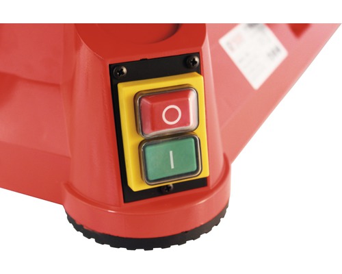 Detailaufnahme der gelben Steuereinheit mit roten Aus- und grünem Einschalter