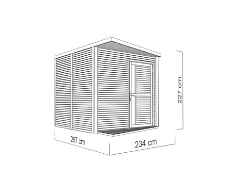 Illustration eines Gerätehauses mit den Maßen 297 x 234 x 227 Zentimeter.