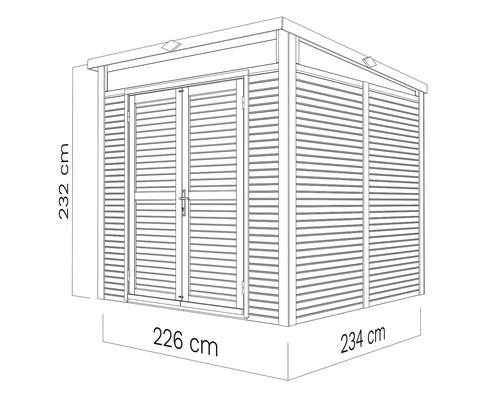 Illustration eines Gartenhauses mit den Maßen 232 cm Höhe, 226 cm und 234 cm Breite.
