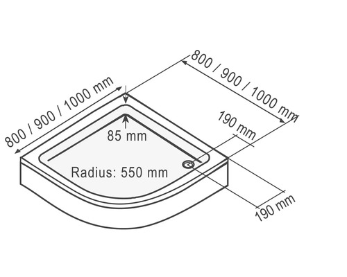 Technische Zeichnung einer Duschwanne mit den Maßen 800, 900 oder 1000 mm, einem Radius von 550 mm und einer Höhe von 85 mm
