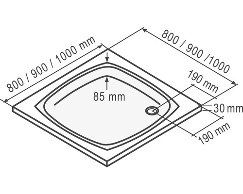 Technische Zeichnung einer Duschwanne mit Maßangaben