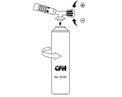 Darstellung einer Lötlampe mit Gaskartusche und Anweisungen zur Montage