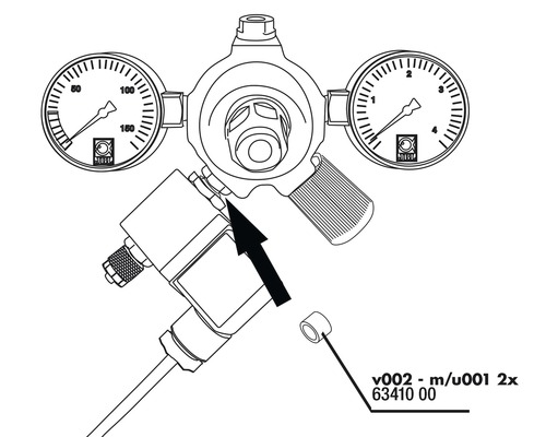 Druckminderer mit Manometern und Darstellung der Montage eines Dichtungsrings