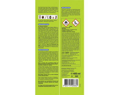 Informationen zur Inhaltsstoffen und Anwendung des Schädlingsbekämpfungsmittels.