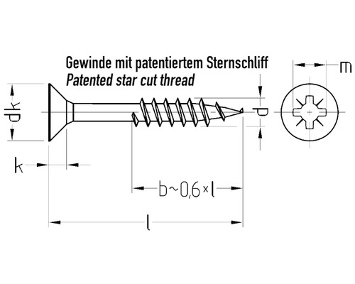 Technische Zeichnung einer Schraube mit patentiertem Sternschliff