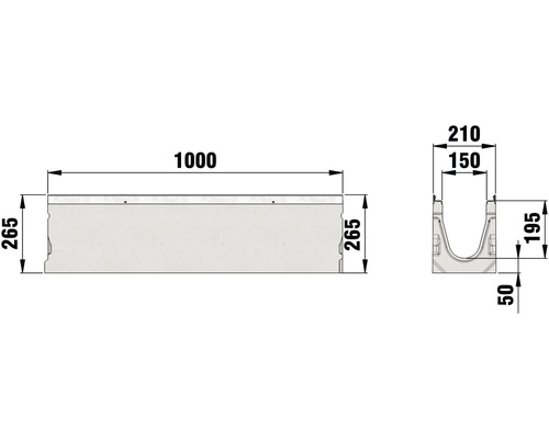 Technische Zeichnung einer Entwässerungsrinne mit Maßangaben