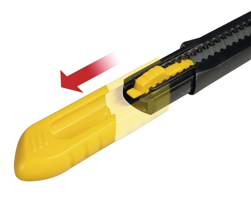 Detailansicht eines Cuttermessers mit Schieber und Klingenführung